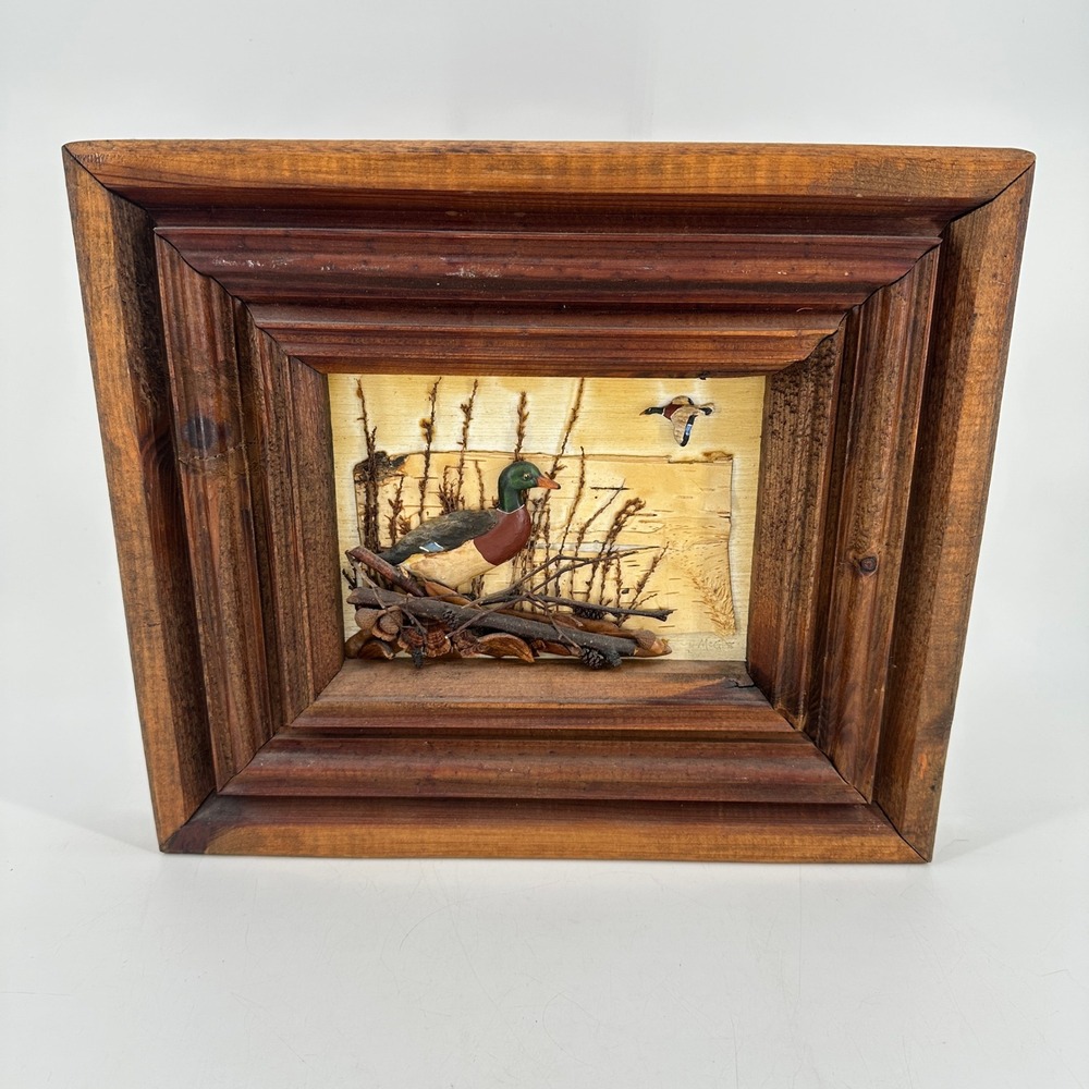 Vintage 3D Mallard Duck Mixed Media Shadow Box Birch Bark Rustic Wood Frame Art
